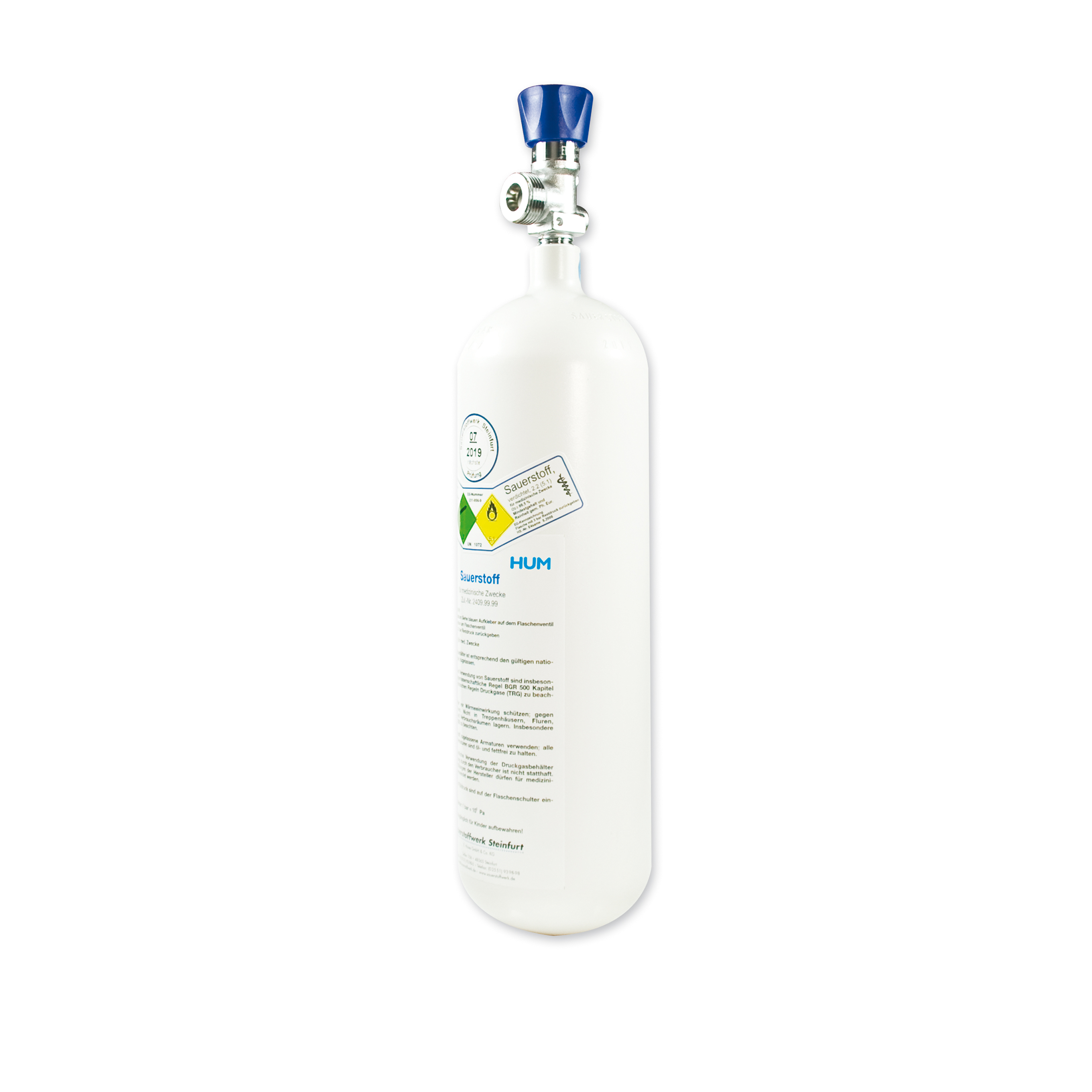 Sauerstoffflasche 0,8 Liter - gefüllt mit 200 bar medizinischem