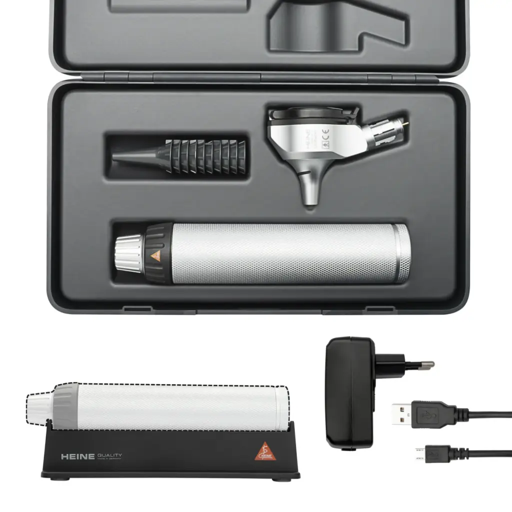 HEINE BETA 400 LED F.O. Otoskop mit BETA 4 USB Ladegriff mit USB Kabel und Steckernetzteil