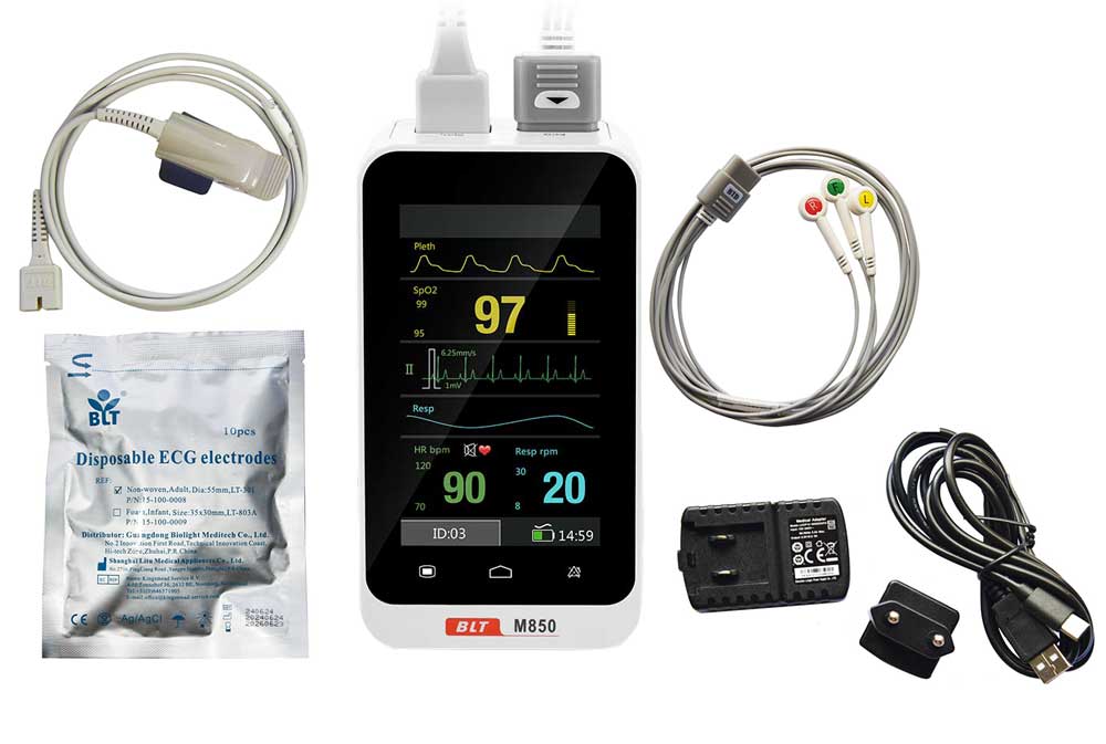Biolight M850 EKG Monitor Touchscreen SET Lithium battery,  3 lead ECG-cable +BLT SpO₂ Adult